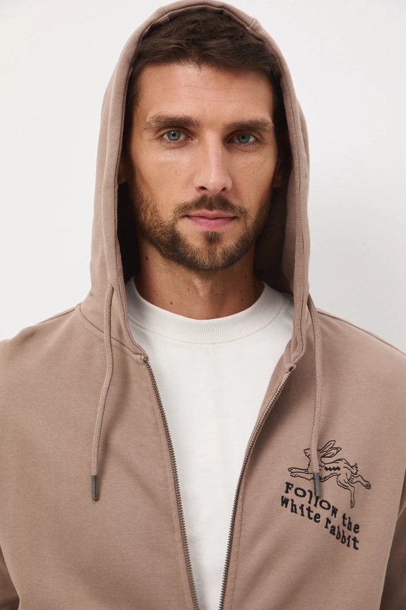 Bavlněná mikina pánská s potiskem a výšivkou RW25-BLM901 hnědá