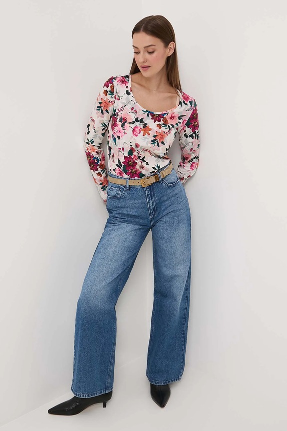 Longsleeve bawełniany damski z elastanem w kwiaty z elastanem beżowy RW25-BUD030