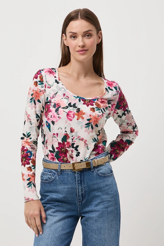 Longsleeve bawełniany damski z elastanem w kwiaty RW25-BUD030 beżowy RW25