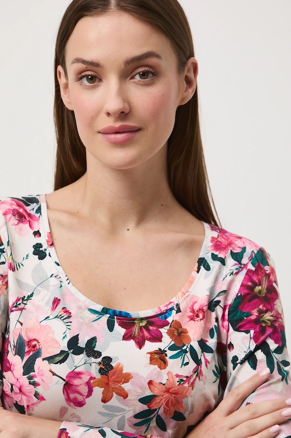 Longsleeve bawełniany damski z elastanem w kwiaty beżowy RW25-BUD030