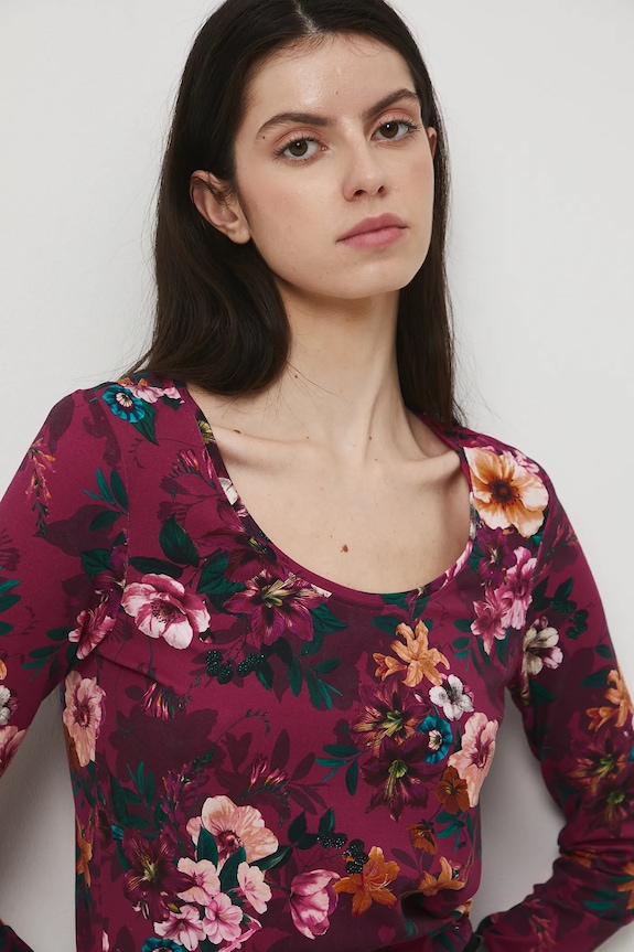 Longsleeve bawełniany damski z elastanem w kwiaty fioletowy RW25-BUD030