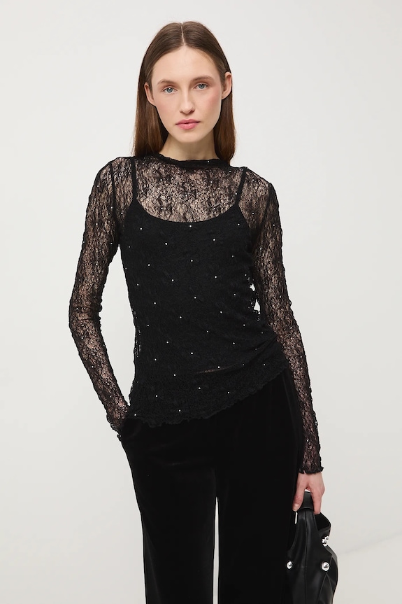 Longsleeve damski koronkowy aplikacja czarny RW25-BUDB00