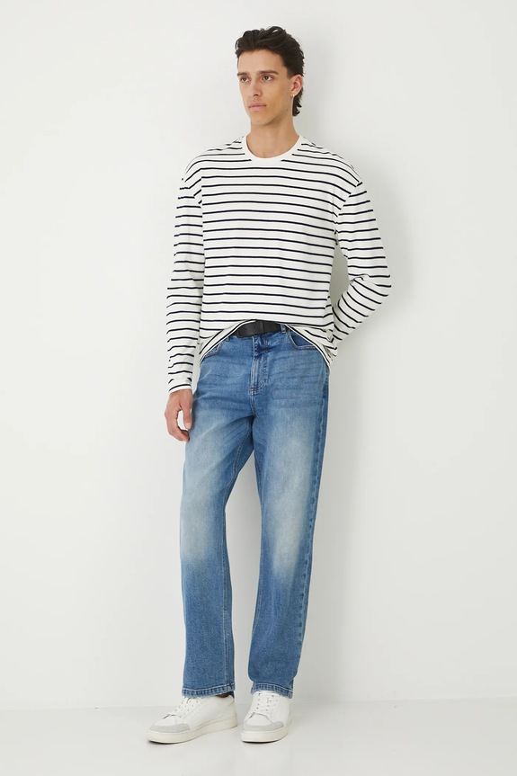 Longsleeve bawełniany męski interlock w pasy bawełna beżowy RW25-BUM010