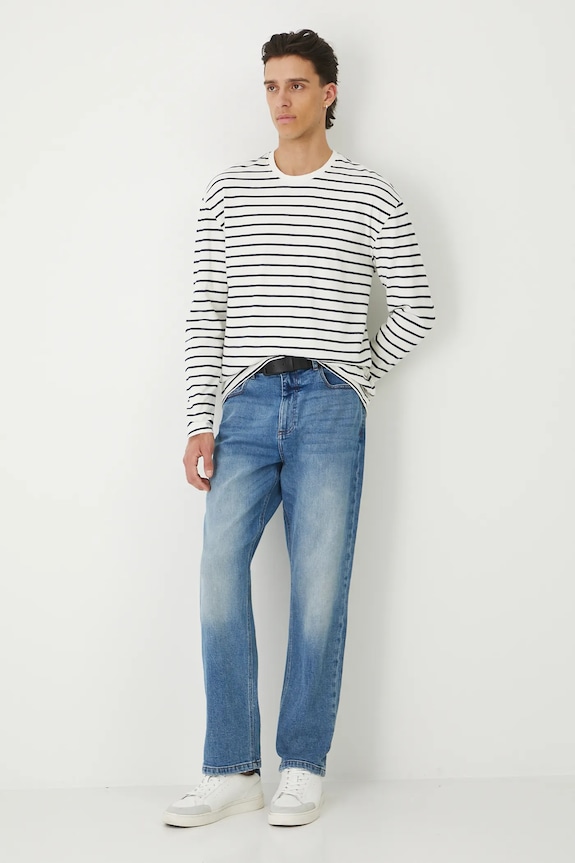 Longsleeve bawełniany męski interlock w pasy bawełna beżowy RW25-BUM010
