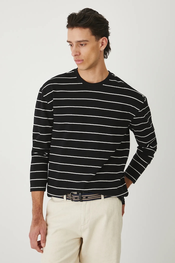 Longsleeve bawełniany męski interlock w pasy bawełna czarny RW25-BUM010