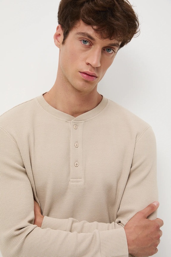 Longsleeve męski z fakturą gładkie beżowy RW25-BUM061