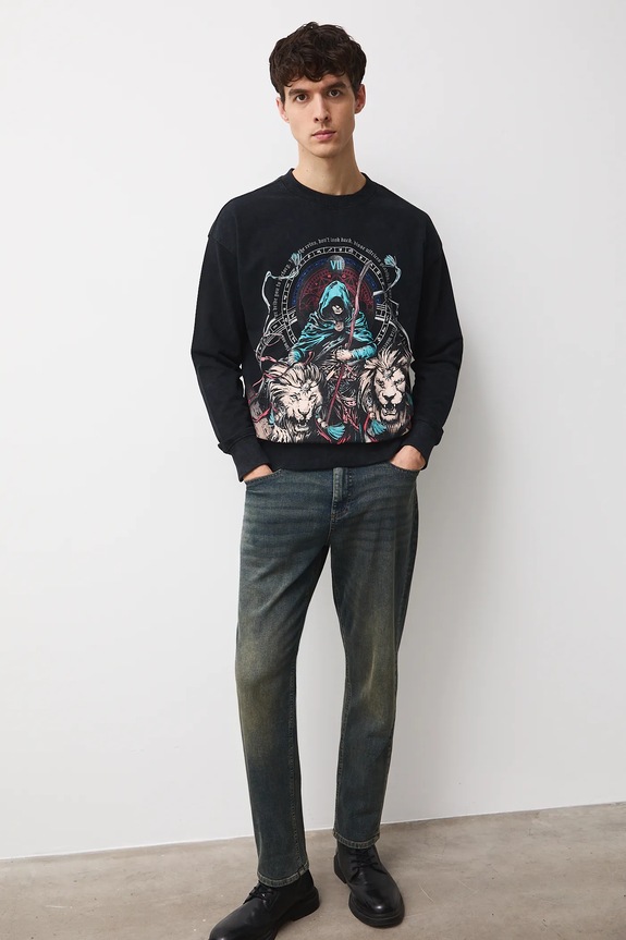 Longsleeve bawełniany męski z nadrukiem okrągły czarny RW25-BUMC01