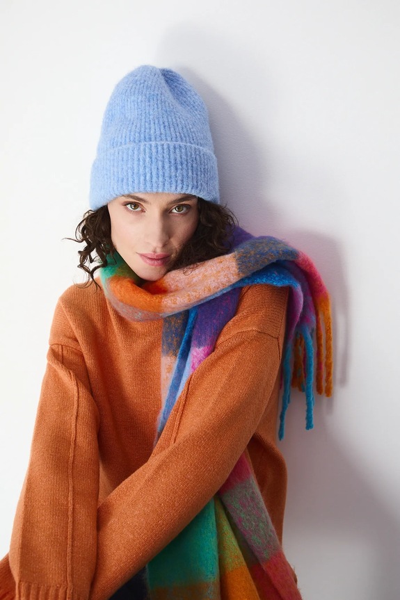 Czapka damska beanie prążkowana z domieszką wełny średniej grubości niebieski RW25-CDD057