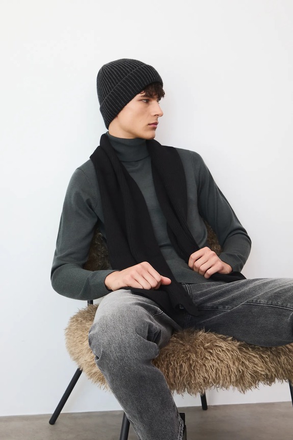 Czapka męska beanie z domieszką wełny i kaszmiru RW25-CDM704 szary