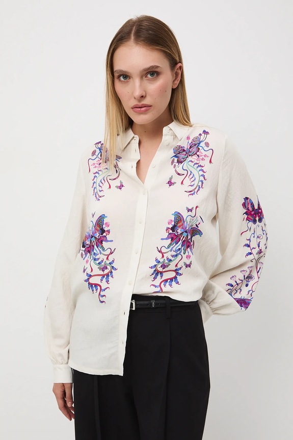 Koszula damska wzorzysta z wiskozą wzorzyste beżowy RW25-KDD054