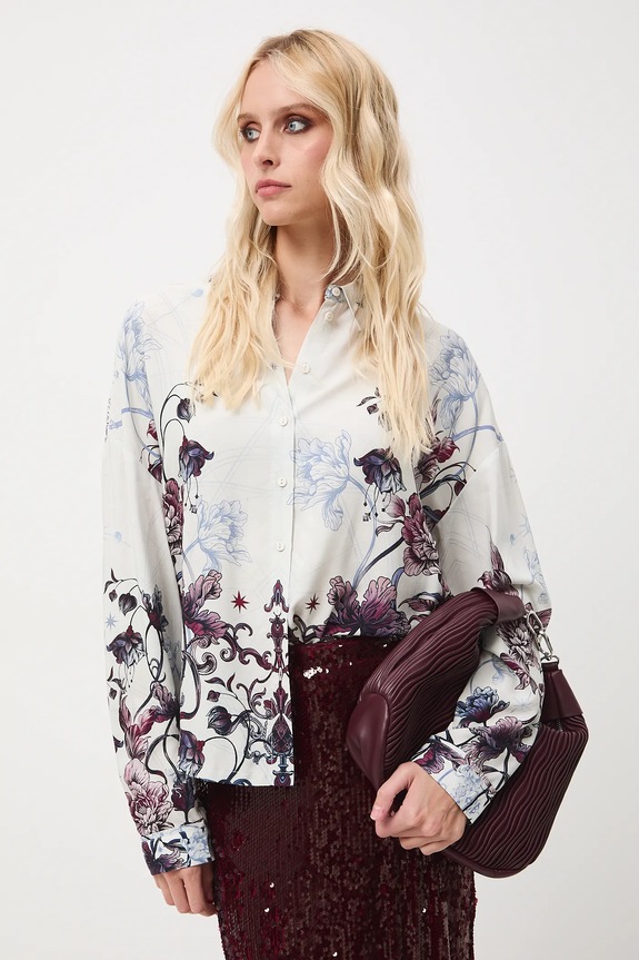 Koszula damska z wiskozy wzorzysta casual beżowy RW25-KDD700