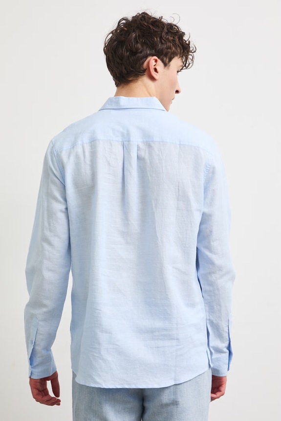 Odzież Koszula z lnem męska z kołnierzykiem klasycznym gładka RW25-KDM011 niebieski