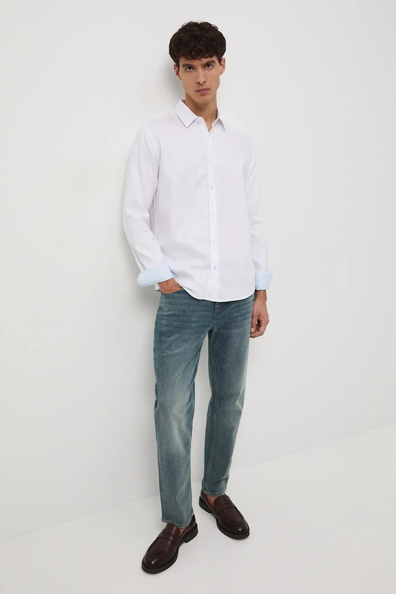 Koszula bawełniana męska z włoskim kołnierzykiem gładkie biały RW25-KDM030