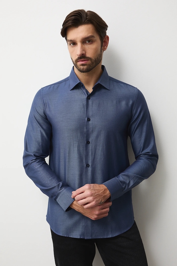 Bavlnená košeľa s klasickým golier melanžová RW25-KDM0B5 tmavomodrá RW25