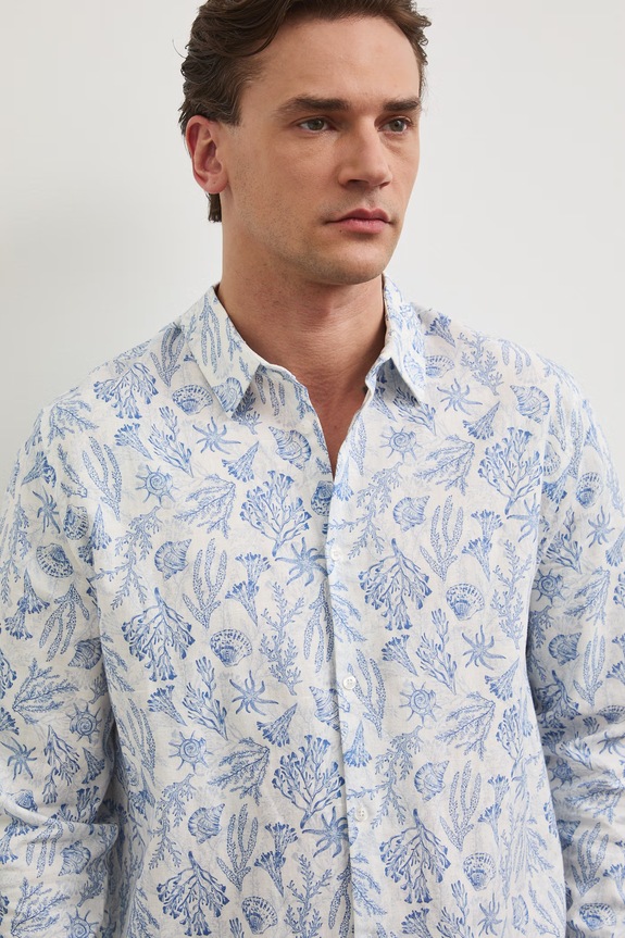 Koszula z lnem męska z kołnierzykiem klasycznym wzorzysta biały RW25.KDM102