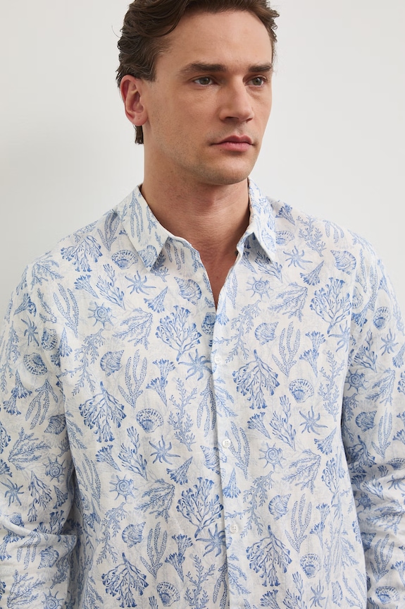 Koszula z lnem męska z kołnierzykiem klasycznym wzorzysta biały RW25.KDM102