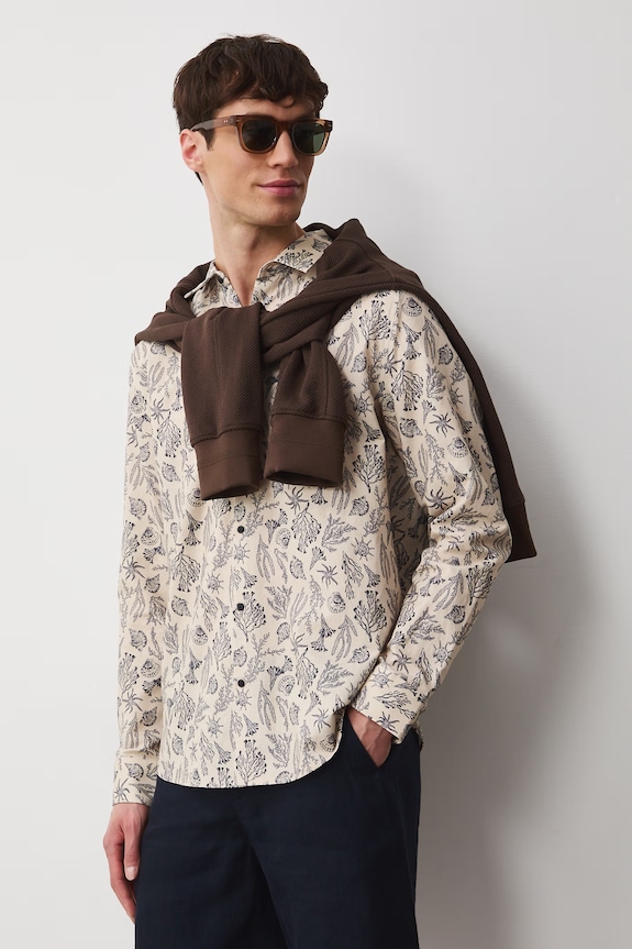 Koszula z lnem męska z kołnierzykiem klasycznym wzorzysta wzorzyste beżowy RW25.KDM102