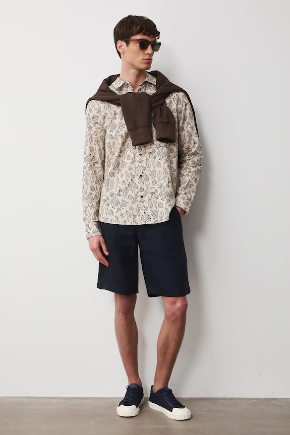 Koszula z lnem męska z kołnierzykiem klasycznym wzorzysta RW25.KDM102 beżowy RS26