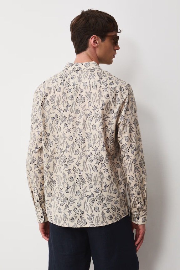 Odzież Koszula z lnem męska z kołnierzykiem klasycznym wzorzysta RW25.KDM102 beżowy
