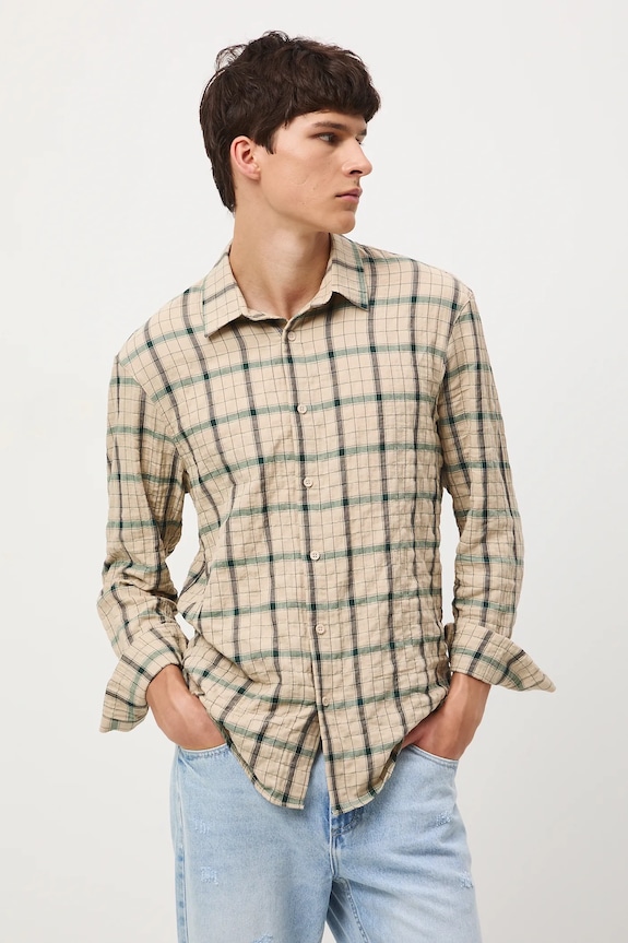 Koszula męska z kołnierzykiem klasycznym w kratę RW25-KDM201 beżowy RW25