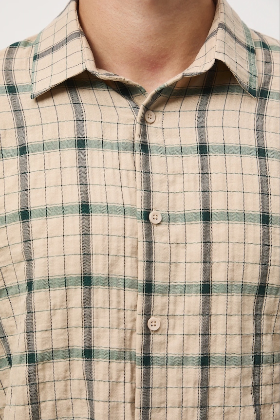 Koszula męska z kołnierzykiem klasycznym w kratę RW25-KDM201 beżowy