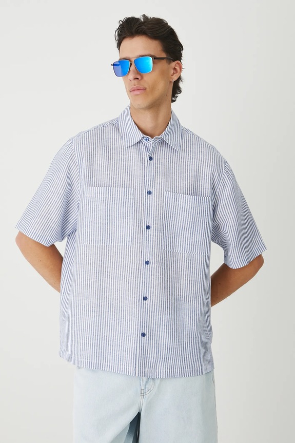 Koszula z lnem męska z kołnierzykiem w pasy RW25-KKM011 niebieski RW25