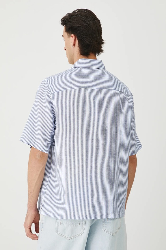 Odzież Koszula z lnem męska z kołnierzykiem w pasy RW25-KKM011 niebieski
