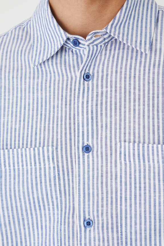 Koszula z lnem męska z kołnierzykiem w pasy RW25-KKM011 niebieski