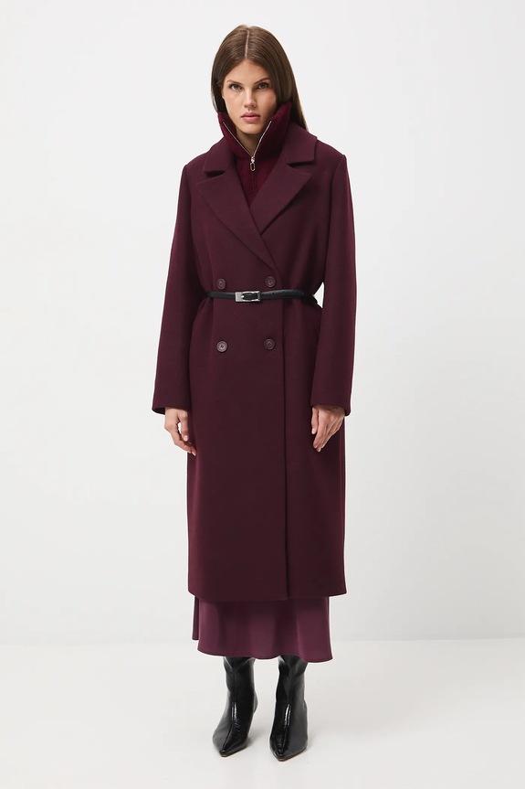 Płaszcz z domieszką wełny damski gładki z podszewką bordowy RW25-KPD600