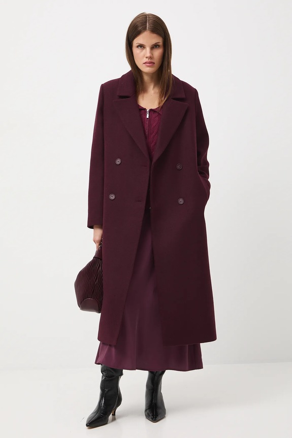 Płaszcz z domieszką wełny damski gładki RW25-KPD600 bordowy RW25