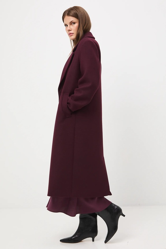 Płaszcz z domieszką wełny damski gładki bordowy RW25-KPD600