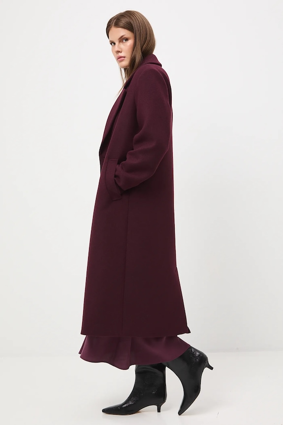 Płaszcz z domieszką wełny damski gładki bordowy RW25-KPD600