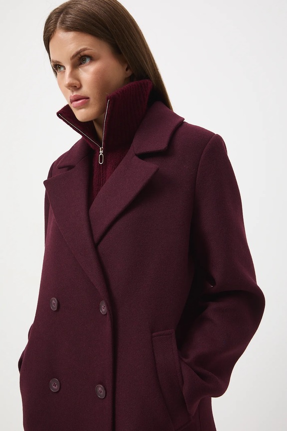 Płaszcz z domieszką wełny damski gładki RW25-KPD600 bordowy