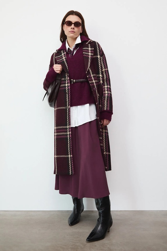 Kabát dámský z tvídu s kostkovaným vzorem RW25-KPD603 burgundské RW25