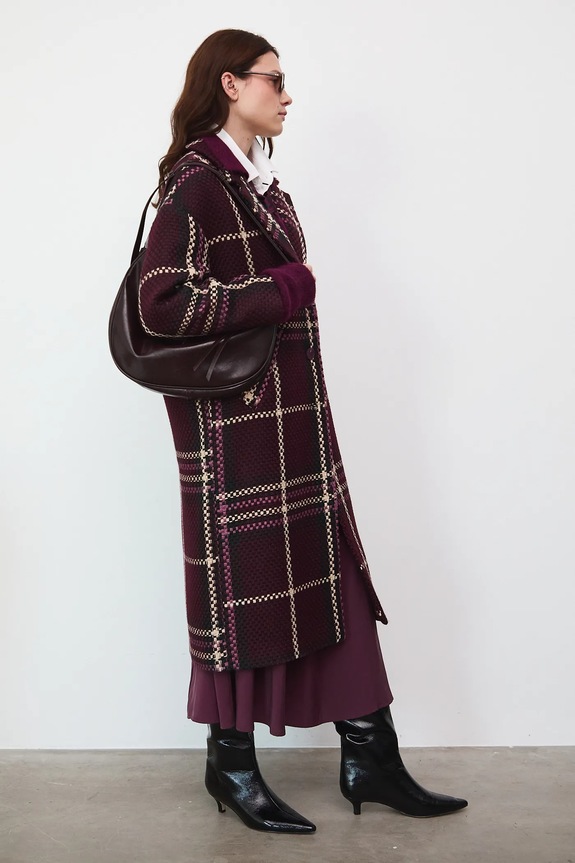Kabát dámský z tvídu s kostkovaným vzorem burgundské RW25-KPD603