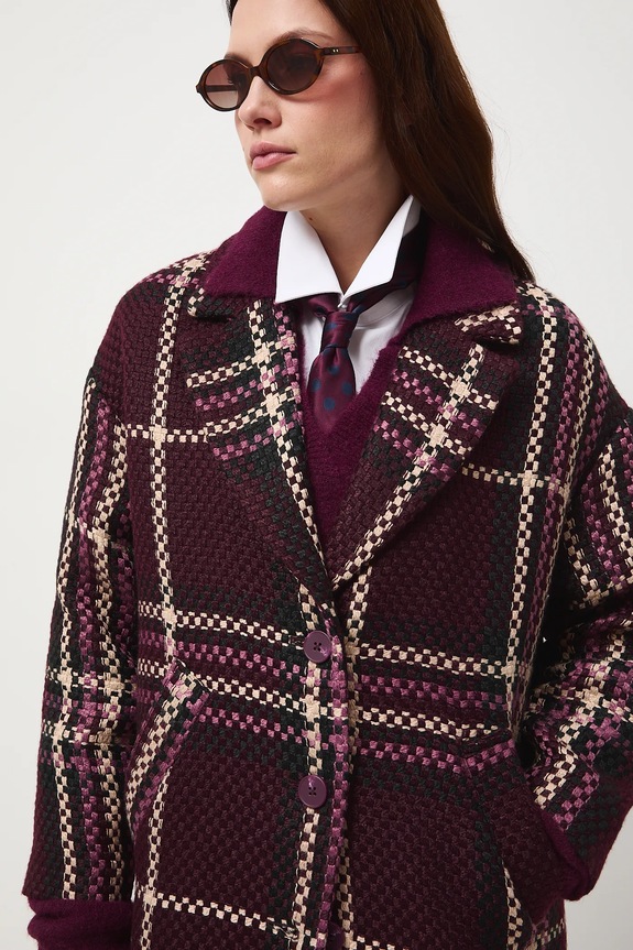 Kabát dámský z tvídu s kostkovaným vzorem RW25-KPD603 burgundské
