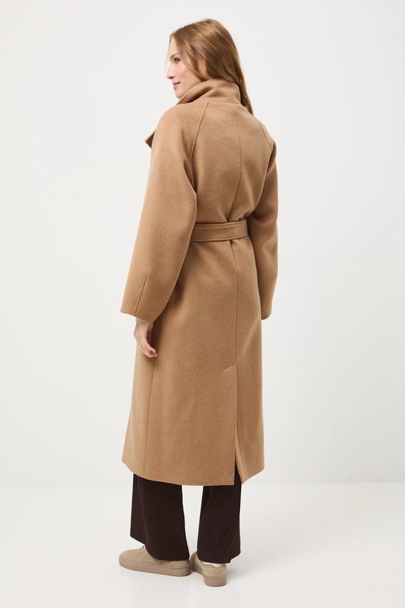 Płaszcz z wełną damski gładki beżowy RW25-KPD702