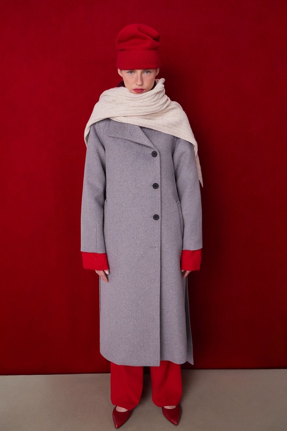 Płaszcz z wełną damski gładki szary RW25-KPD702