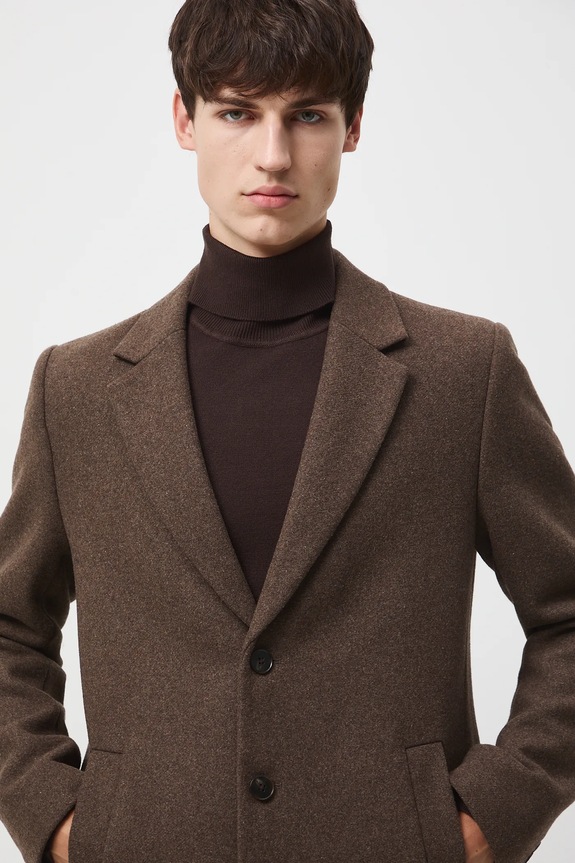 Płaszcz z domieszką wełny męski brązowy RW25-KPM501