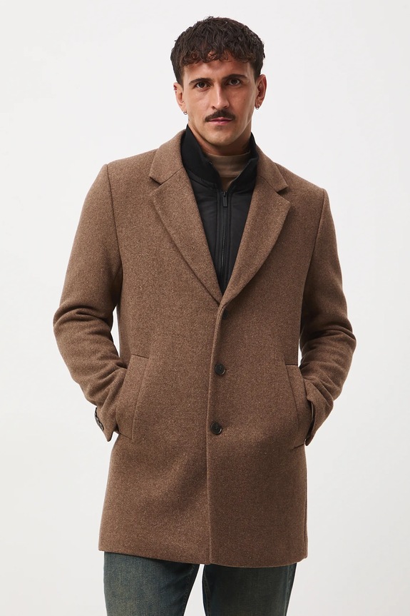 Odzież Płaszcz z domieszką wełny męski melanżowy RW25-KPM506 brązowy