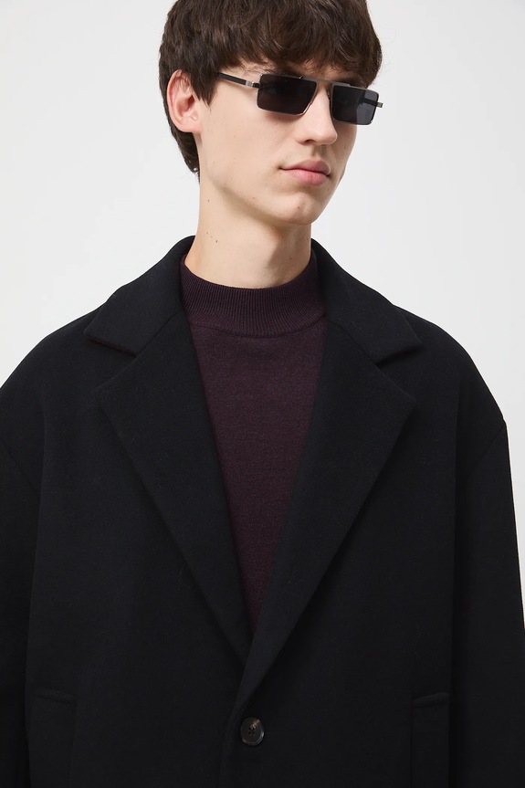 Płaszcz z domieszką wełny męski gładki czarny RW25-KPM507
