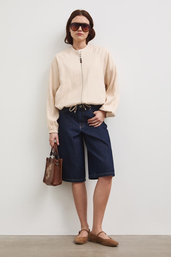 Kurtka bomber z lnem damska gładka z podszewką beżowy RW25-KUD101