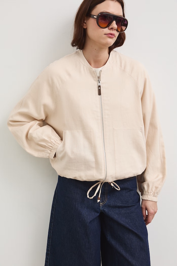 Kurtka bomber z lnem damska gładka beżowy RW25-KUD101