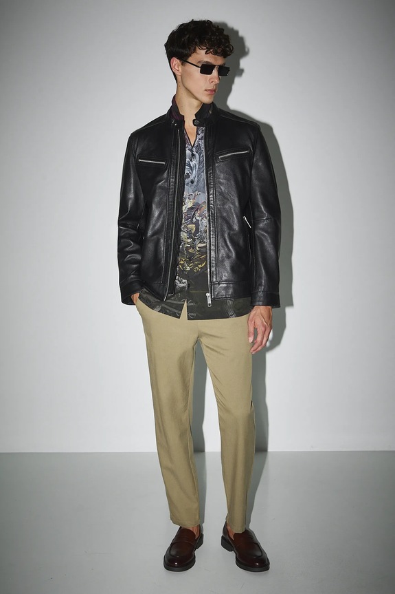 Kožená bunda bez vzoru s podšívkou čierna RW25-KUM312