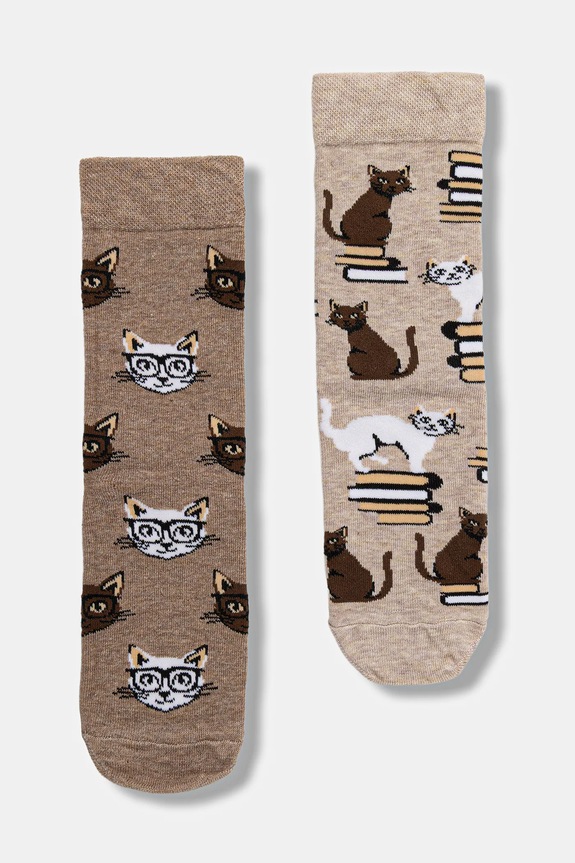 Skarpetki bawełniane damskie w koty (2-pack) animal beżowy RW25-LGD102