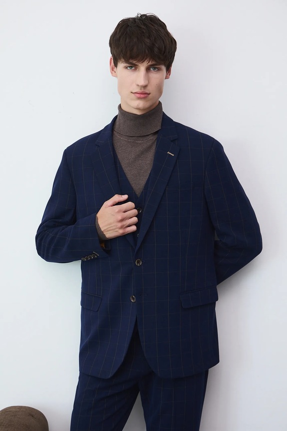 Marynarka męska slim w kratę tkanina granatowy RW25-MKM523