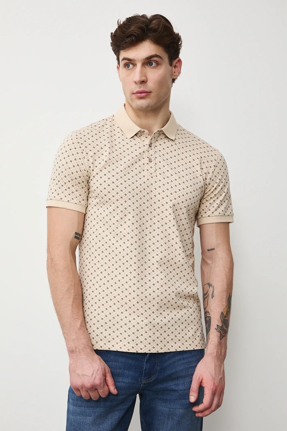 Bavlnené polo tričko pánske s elastanom a s drobným vzorom RW25-POM010 béžová RS26