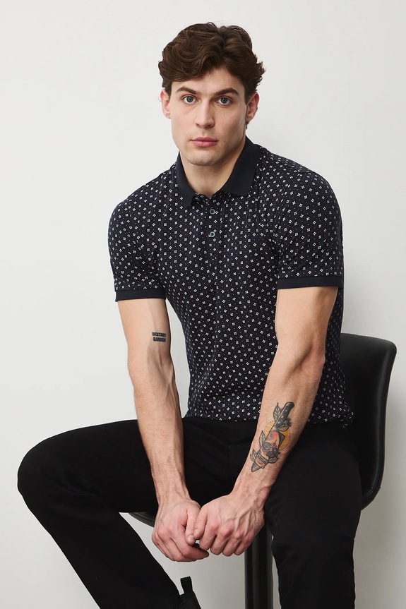Bavlnené polo tričko s elastanom a s drobným vzorom slim tmavomodrá RW25-POM010