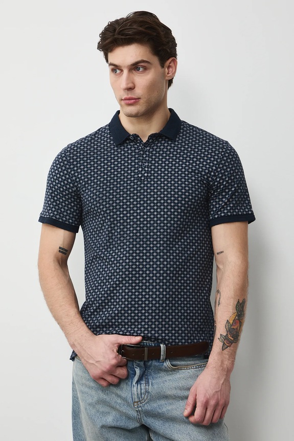 Bavlnené polo tričko pánske s elastanom a s drobným vzorom slim tmavomodrá RW25-POM010