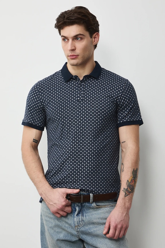 Bavlnené polo tričko pánske s elastanom a s drobným vzorom slim tmavomodrá RW25-POM010